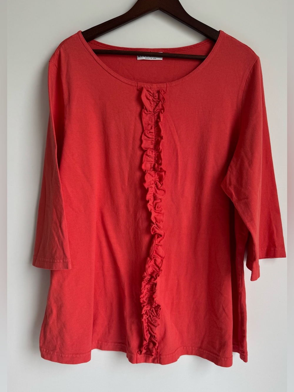 Bryn Walker‎ Women XL Coral Pink Ruffle Front 3/4 Sleeve minimalist 100% cotton
